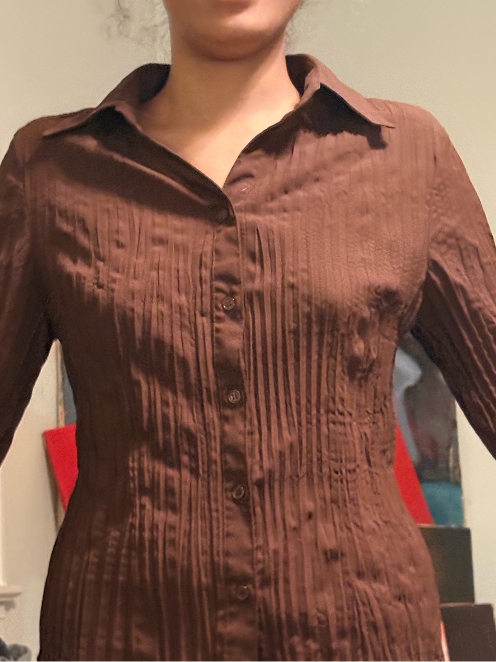 Womens Brown Button-Front Pleated Shirt